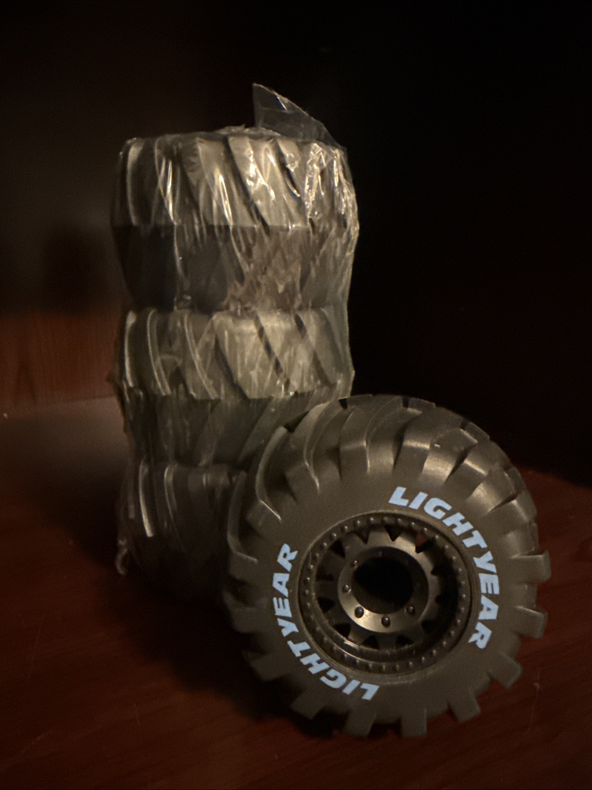 Set of 4 Black RC Truck Tires Mounted Wheels Lightyear 3" Round Blue Letter