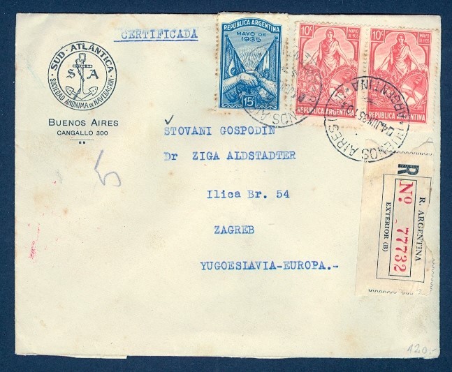 ARGENTINA 1935 REG TO YUGOSLAVIA