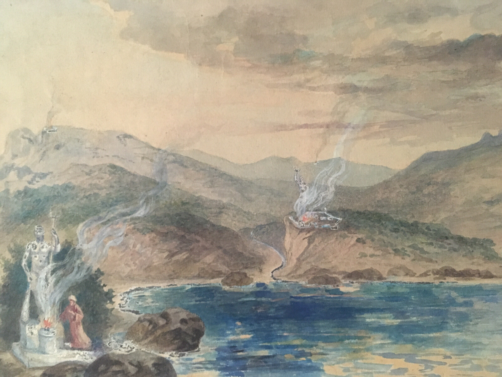 Très Beau Dessin 1930 Peinture Gouache Papier Laurent Gsell Dieu Mer Poseidon