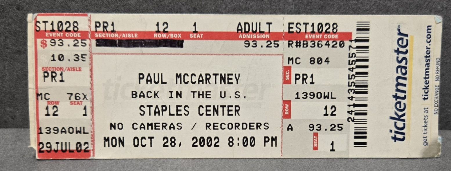 Paul McCartney Staples Center Concert Ticket Stub October 28th 2002