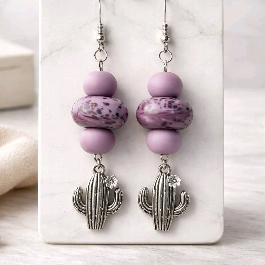 Handcrafted Beaded Cactus Dangle Earrings Purple Silver Polymer Clay Bohemian