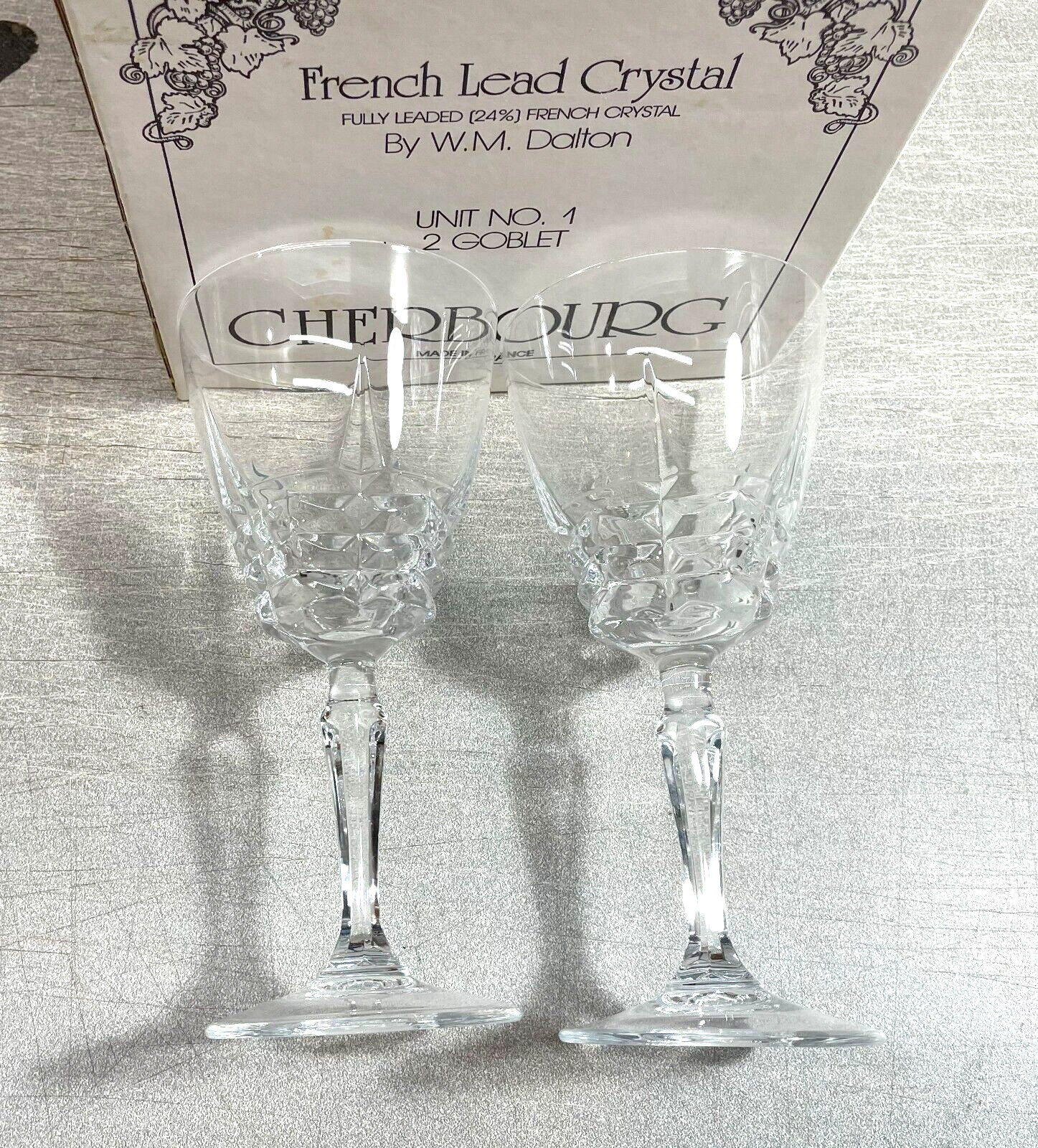 2 TWO Goblets French 24% Lead Crystal Unit No. 1 W M Dalton 7 1/4"