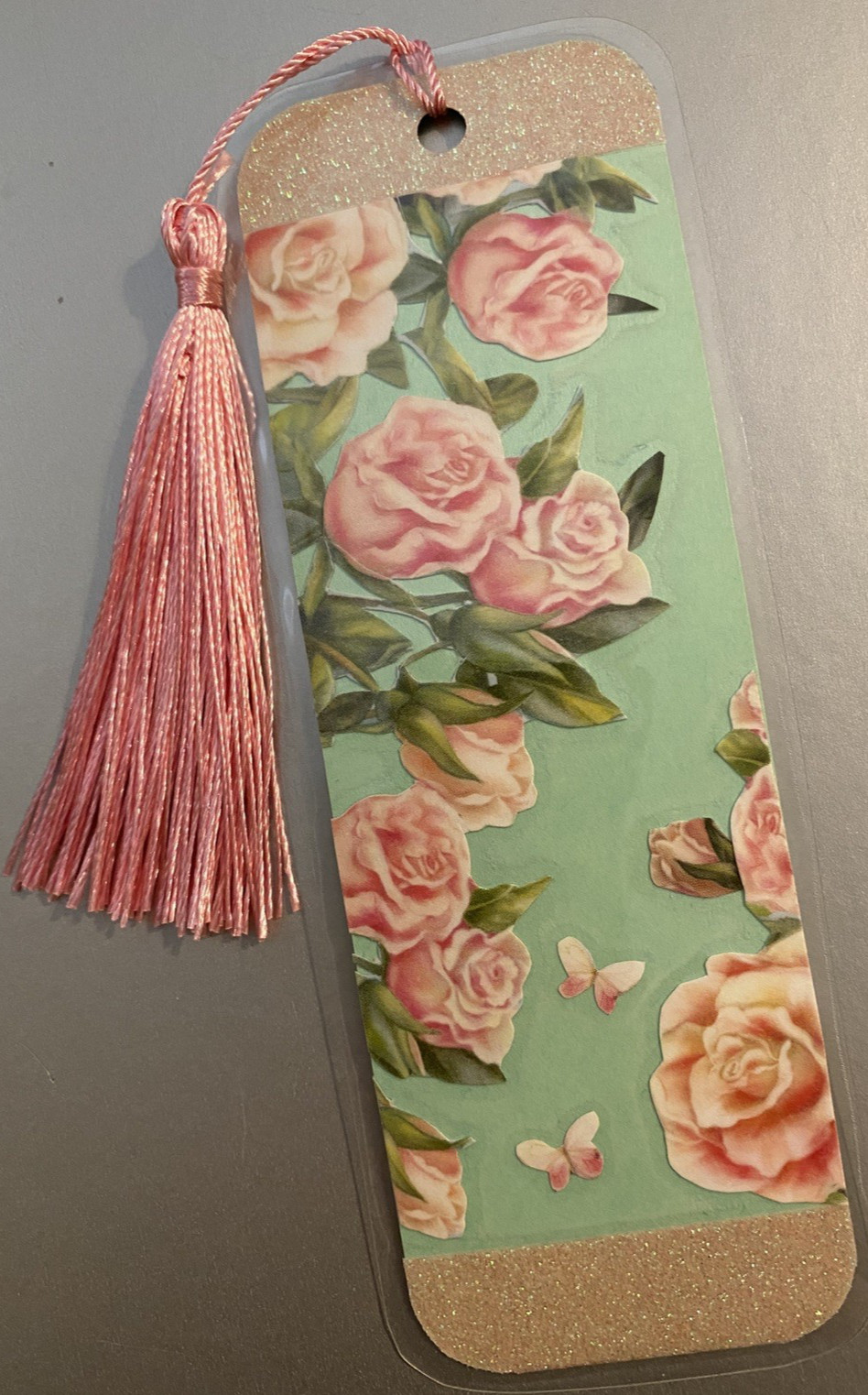 Rose Flower and Butterfly Bookmark with Tassel - Laminated with Glitter Borders