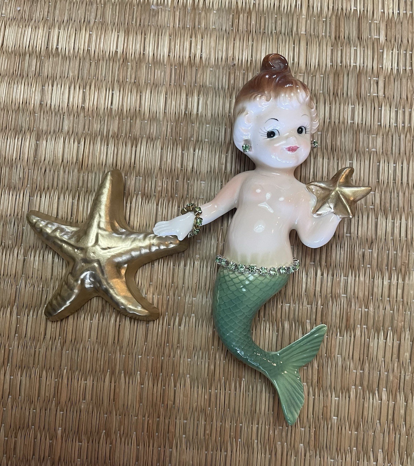 Norcrest Mermaid Wall Plaque Set with Sparkling Rhinestones and Gold Starfish