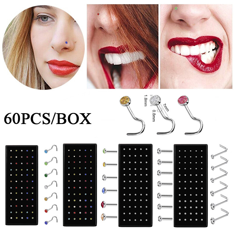 60Pcs Nose Ring Non Surgical Steel Fake Nose Ring Hoop Lip Nose Thin Piercing ∂