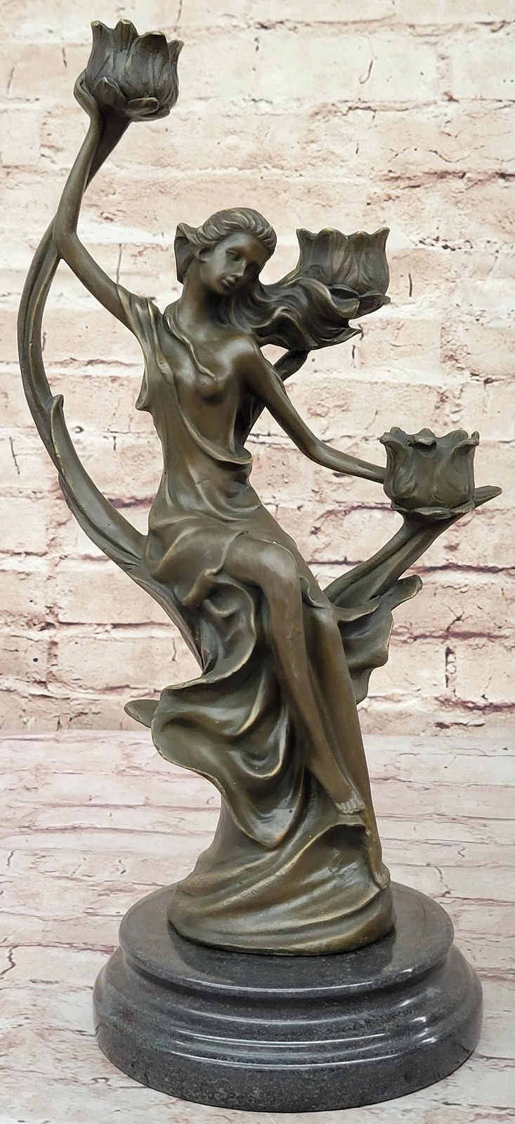 Art Nouveau Gorgeous Lady Candelabra Bronze Sculpture Classic Artwork Statue LRG