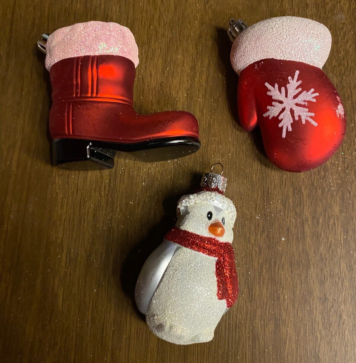 3 Glitter Santa Boot/Penguin/Mitten Red Gray Plastic Christmas Ornaments