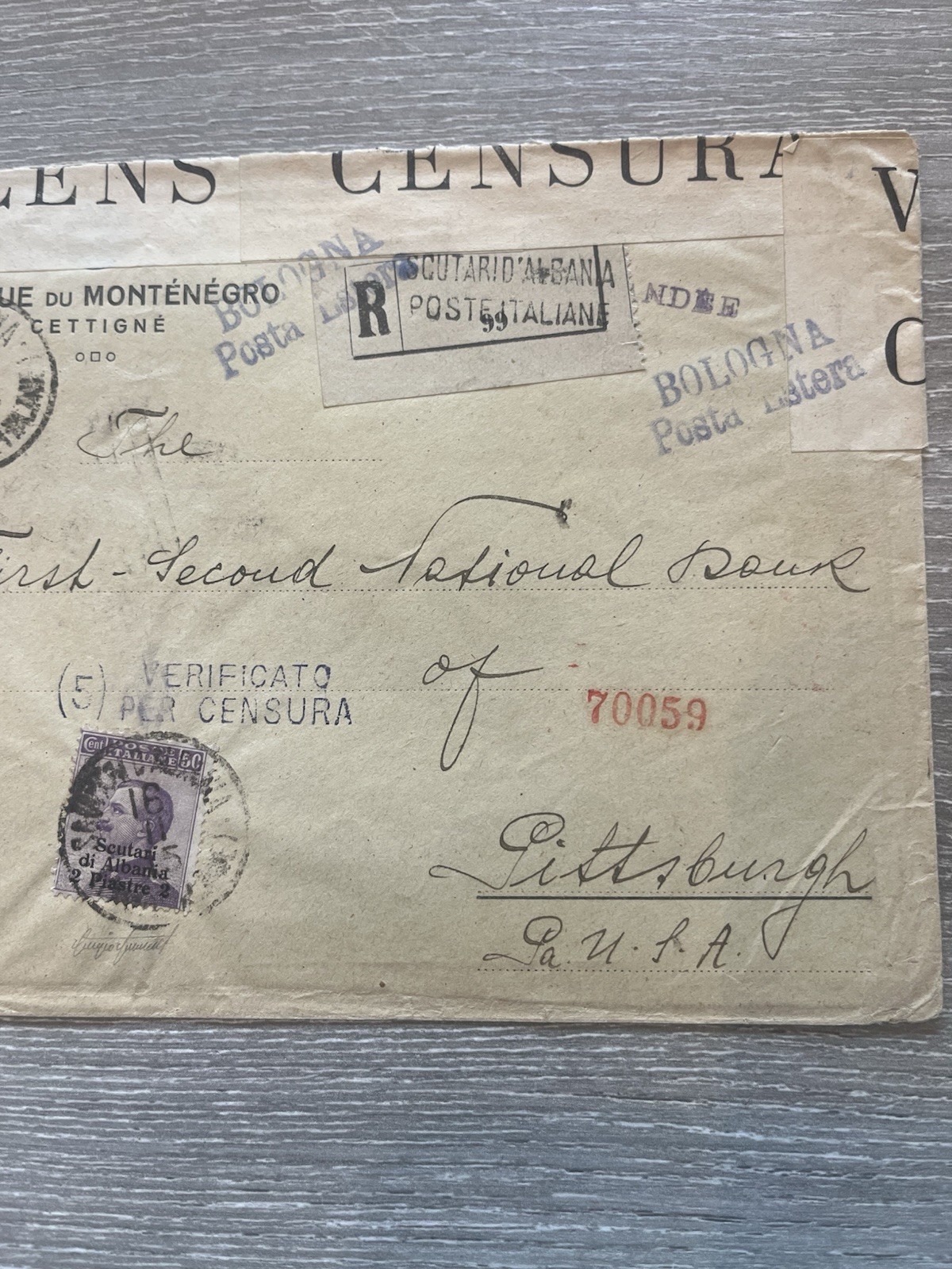 Italy Cover Registered Censored Montenegro Pittsburgh From Albania Post Office