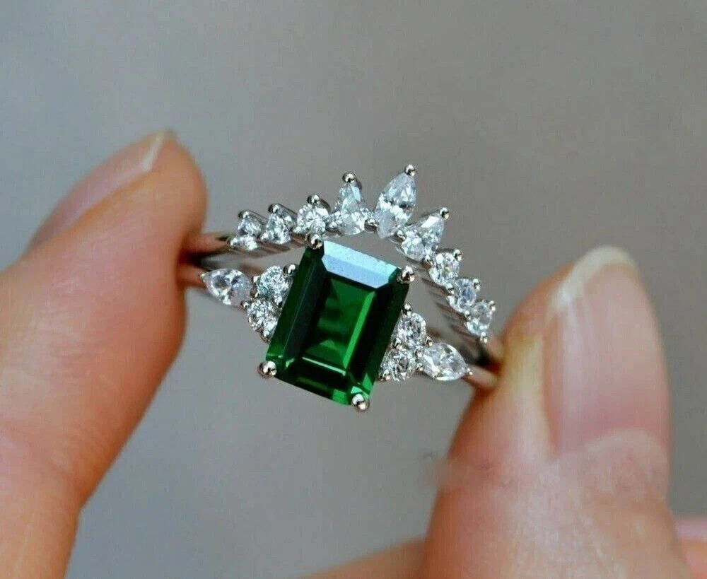 14K White Gold Plated 2 Ct Emerald Cut Lab-Created Green Emerald Bridal Set Ring