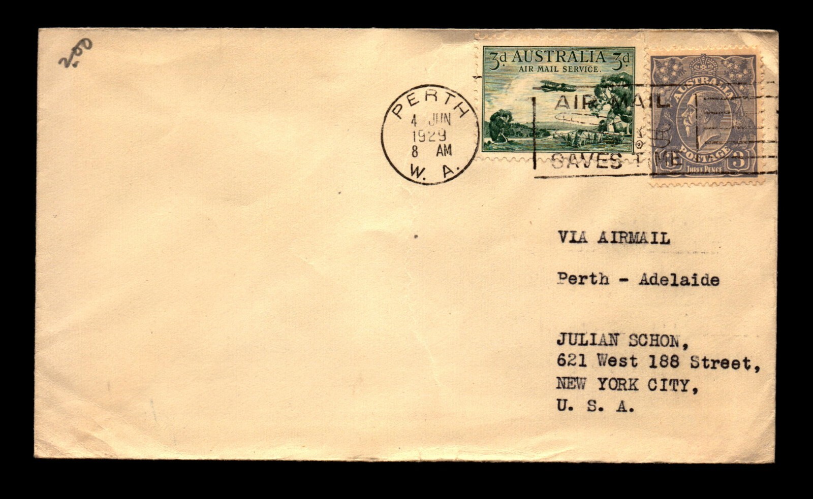 Australia 1929 FFC Perth to Adelaide / Minor Creasing - L22694