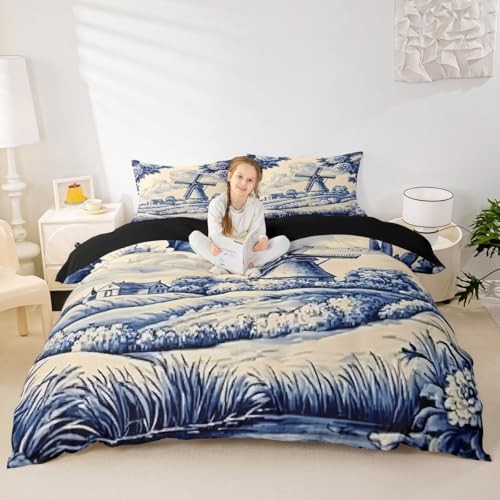  Vintage Dutch Windmill Duvet Cover Queen Size Rustic Queen(No Comforter) Blue