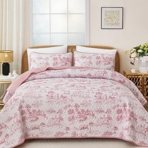  Toile Village Quilt Set Queen Size,Botanical Christmas Queen (96"x90") Pink