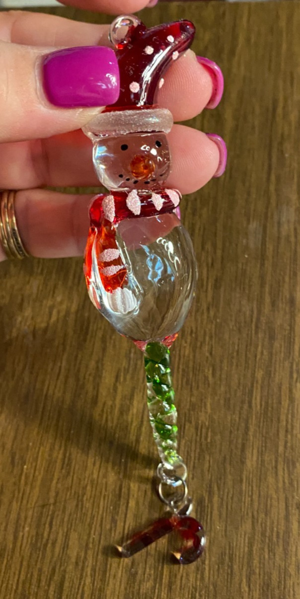 Glass Snowman w Dangle Candy Cane Polka Dot Hat Christmas Ornament 6"