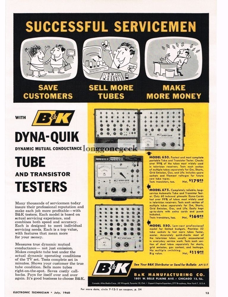 1960 B&K Dyna-Quik Tube Testers Test Service Equipment VINTAGE Print Ad