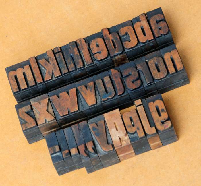 a-z alphabet letterpress wooden printing blocks wood type Vintage printer typo. 
