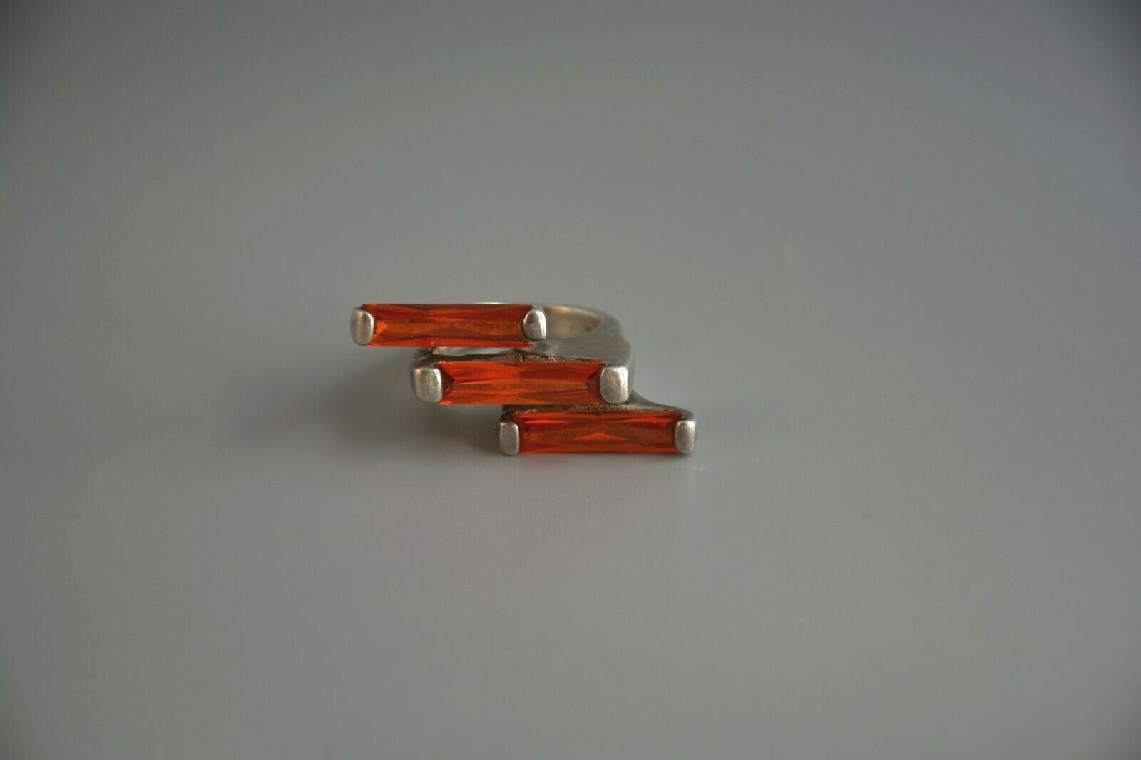Vtg Mexico Silver Ring - Orange Stones Fire Opal? - Modernist 7 3/4