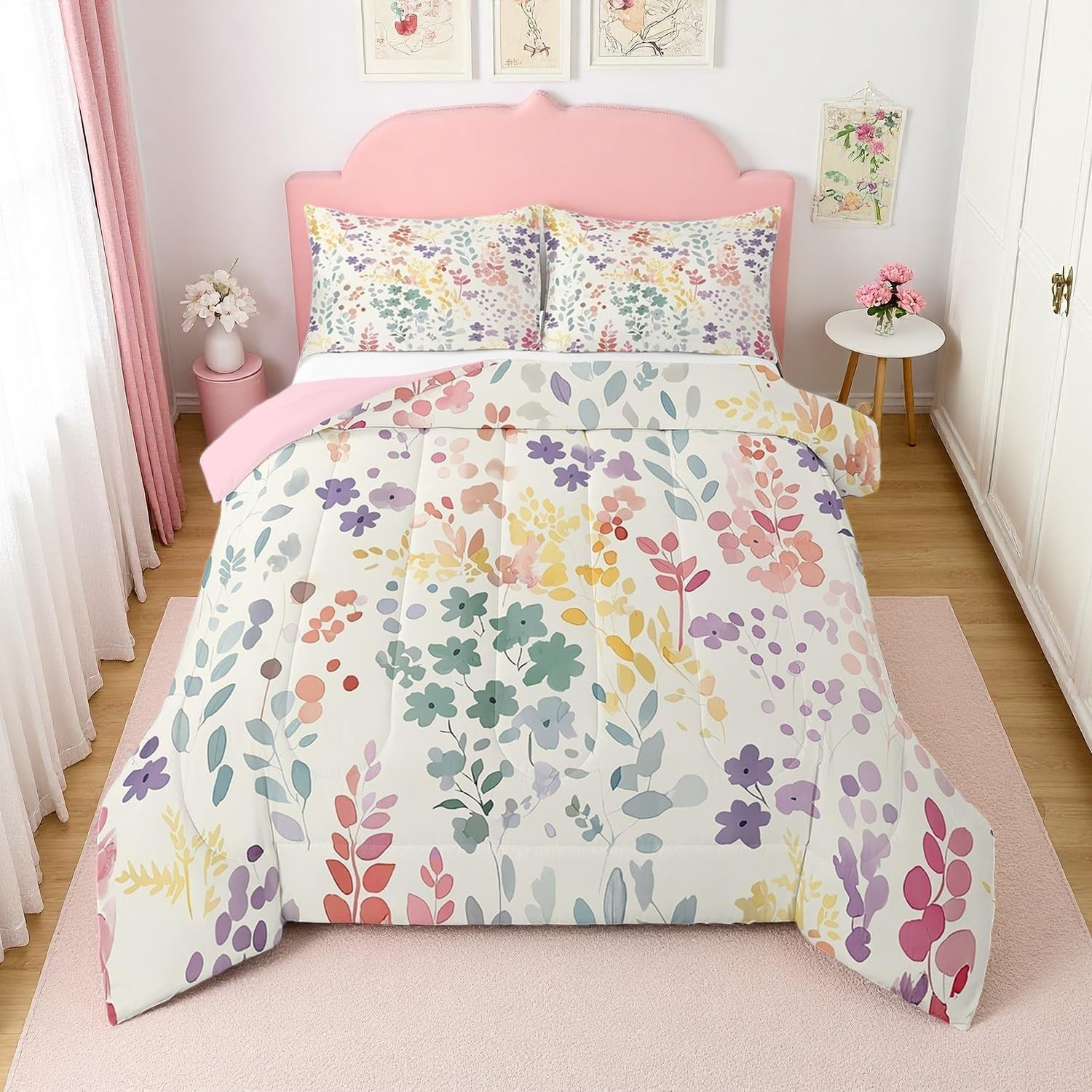 Colorful Floral Full Comforter Set for Kids Girls Women,Cute Rainbow Flower Bedd