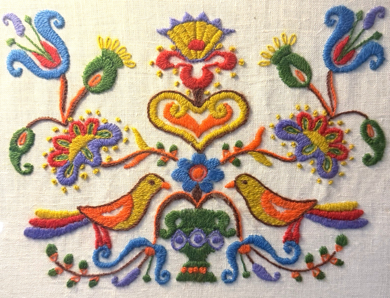 1970s Paragon Crewel Folk Art Sampler Pennsylvania Dutch Embroidery  11 X 14