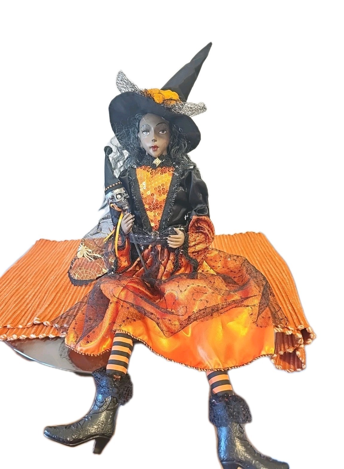 Broomstick African American Posable Witch Shelf Sitter w/ Skull Head Staff 27"