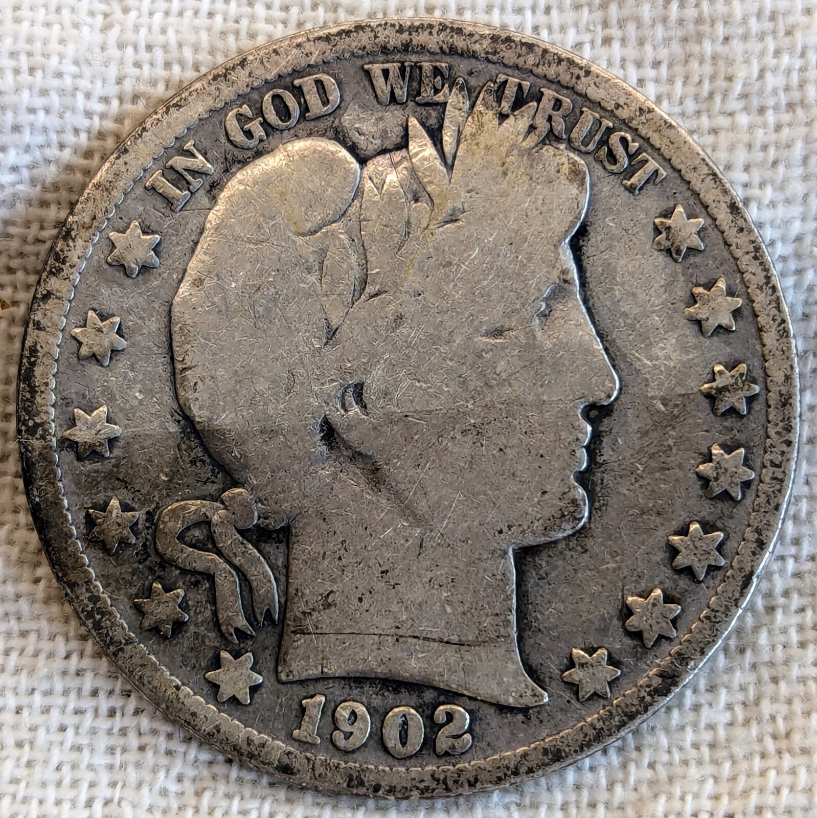 1902 O Barber Half Dollar : Toned, Low Mintage 2.5M (1,750 Left) -.9 Fine Silver