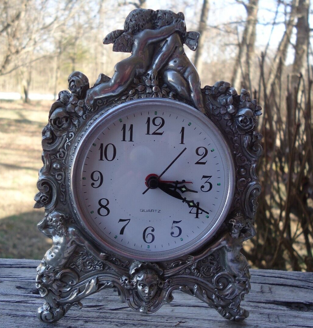 VTG Pewter Cherub Ornate Art Nouveau Desk Clock Embossed Greek Edwardian Decor