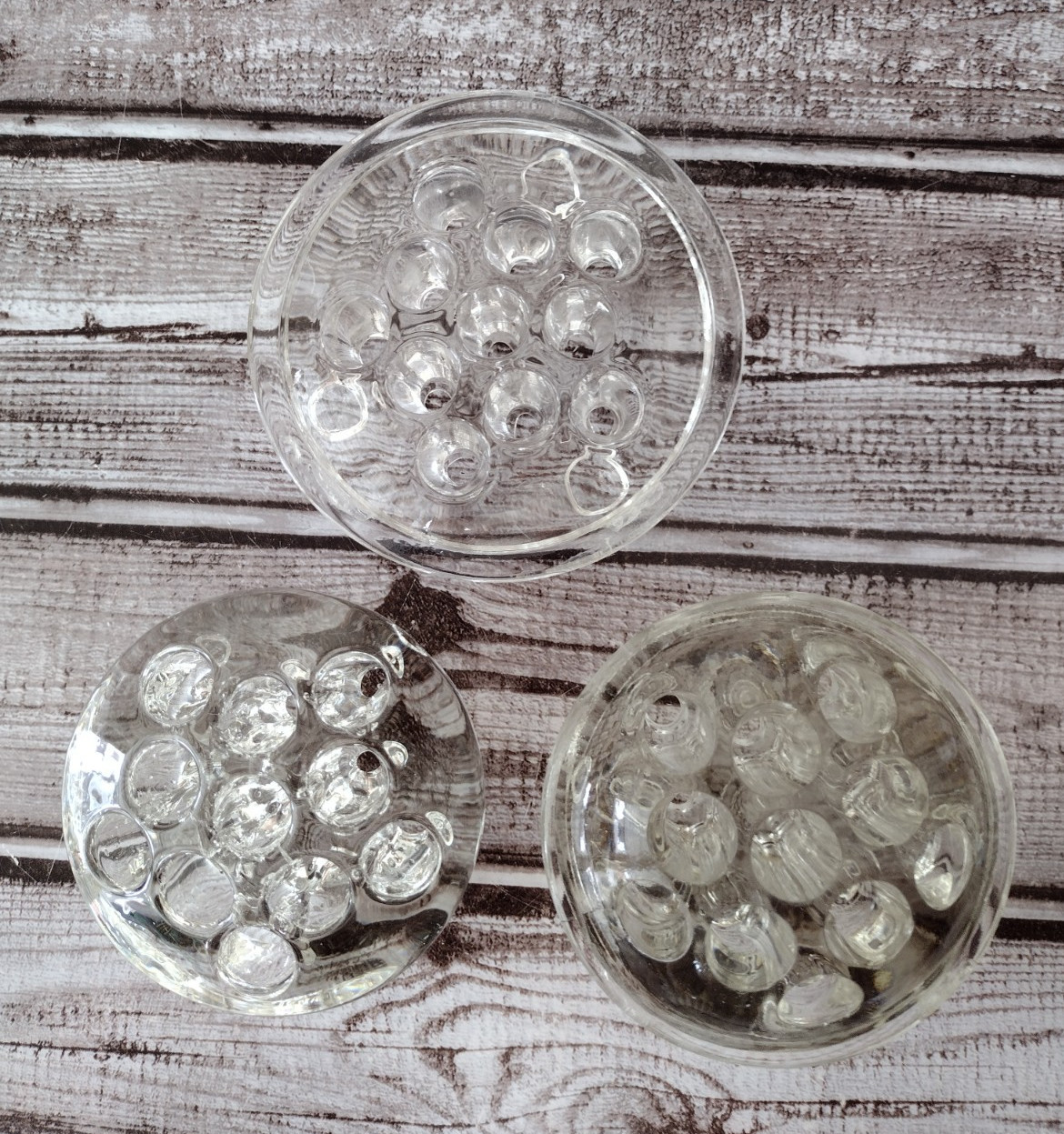 Lot of 3 Vintage Clear Glass 11-Hole Flower Frogs for Floral Arrangement