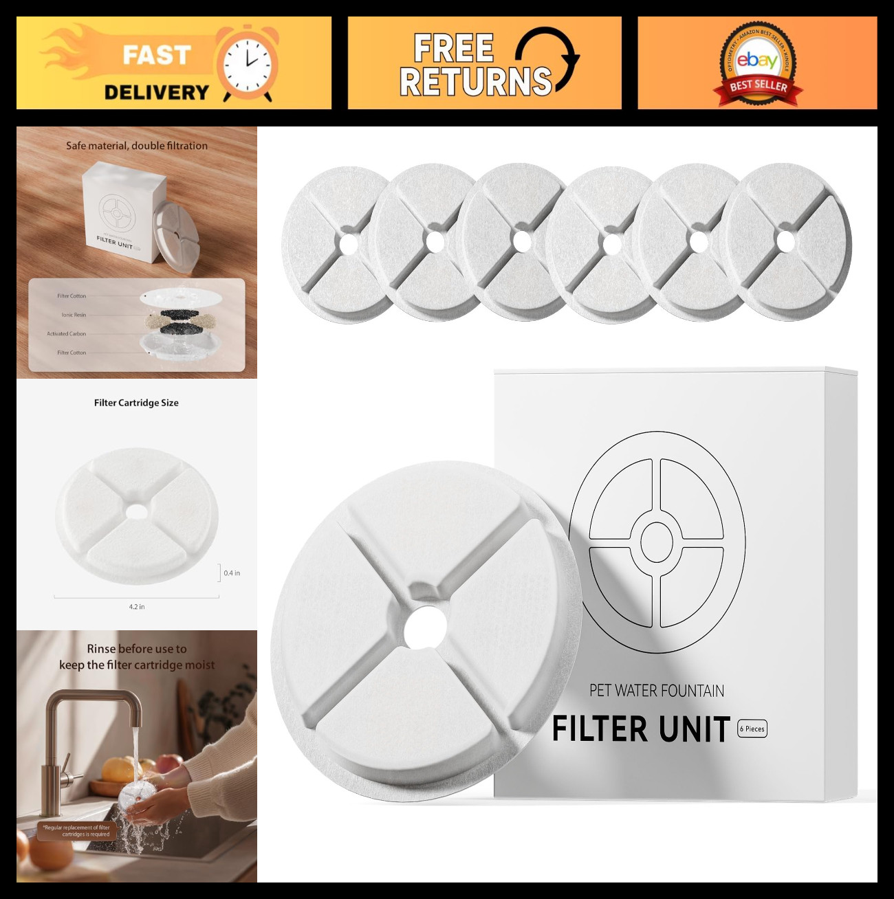 Cat Water Fountain Filter Replacement (6 Pack) - Clean Filtration, Low Noise Pet