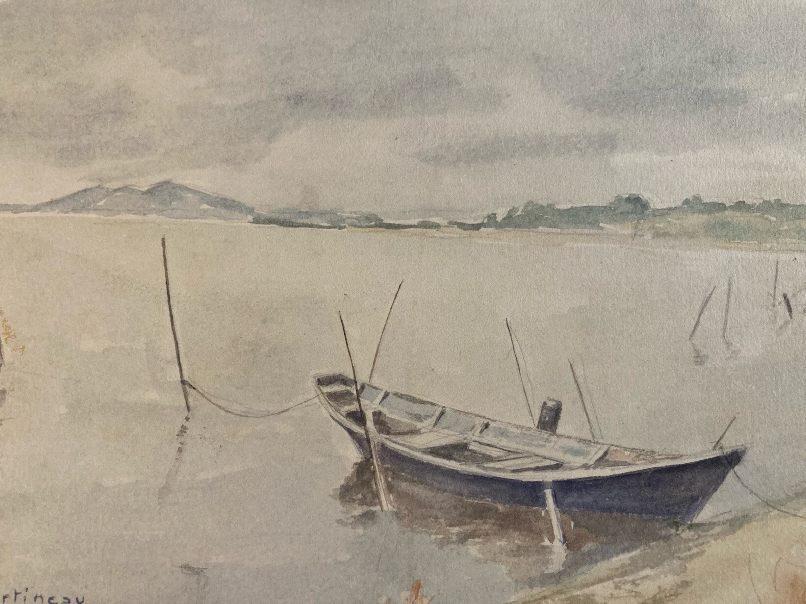 Beau Dessin Encre Aquarelle Sete ? Étang De Thau Mer Bateau Pêche Art 1970 Marin