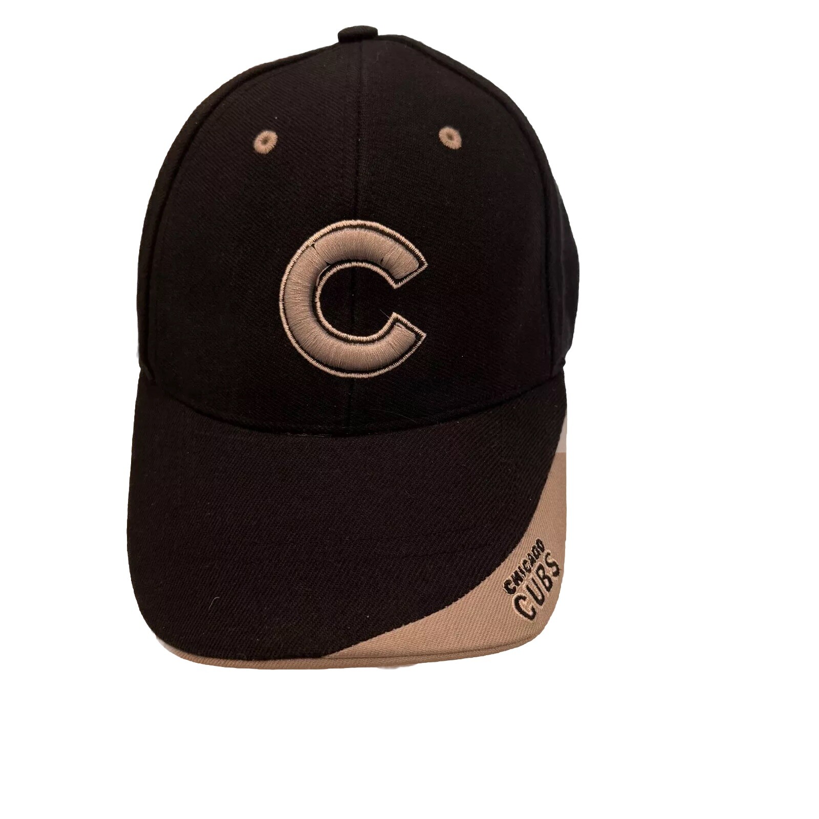 Chicago Cubs Gray C Logo on Vtg BlackHat CapBill Accent Twins Enterprise 15%Wool