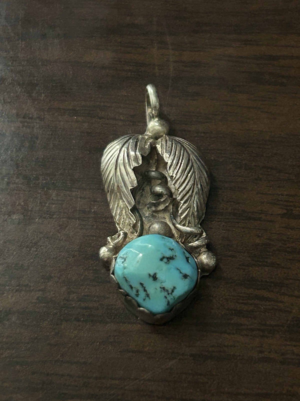 Sterling Silver Native American Turquoise Leaves Pendant 3.7 Grams