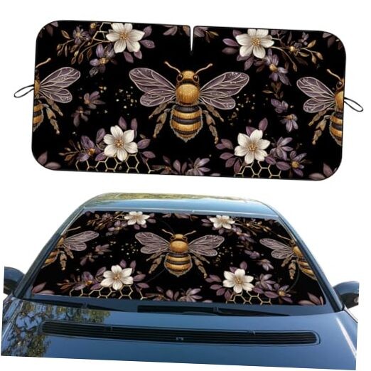  Car Windshield Sunshade, Folding, Dark Fantasy Flowers 59"L x 31.5"W Bees