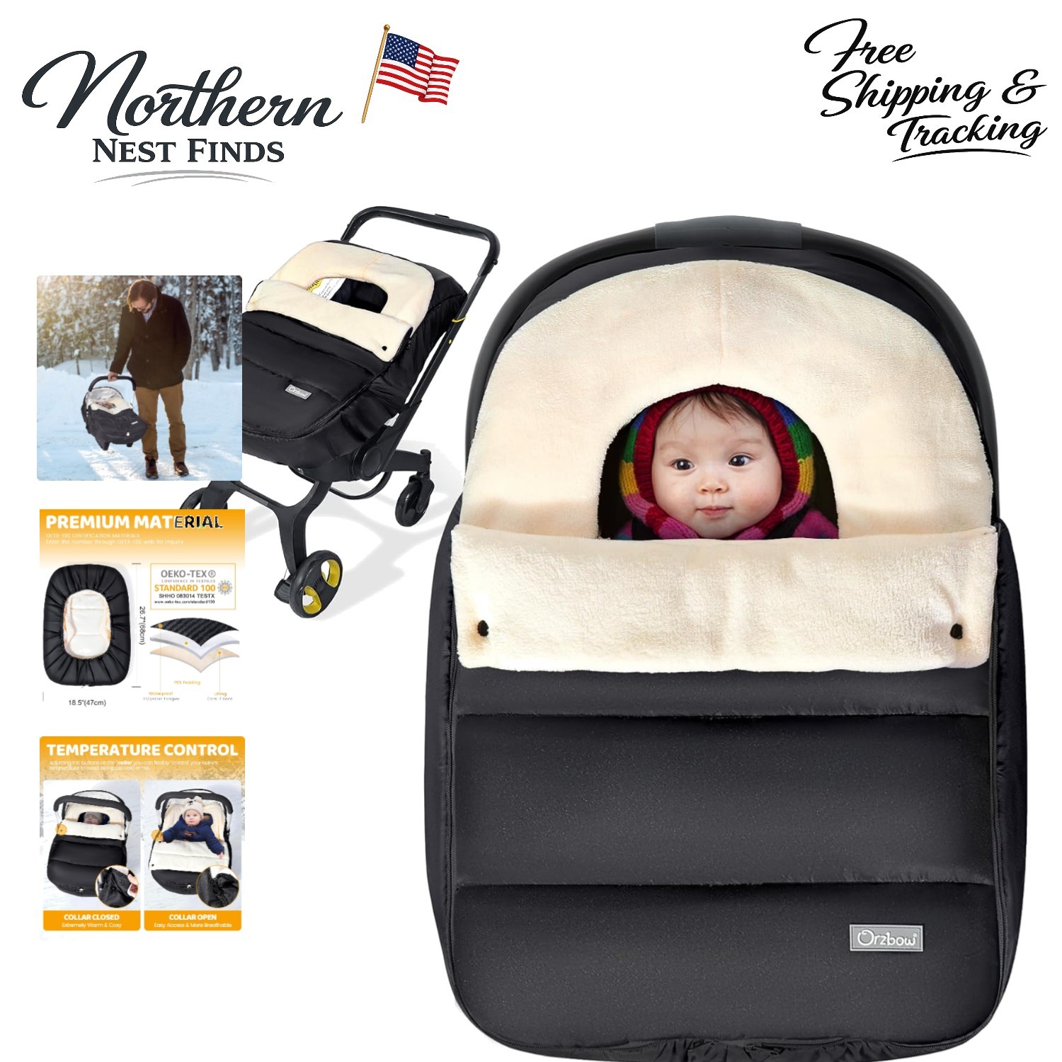 Universal Winter Baby Car Seat Cover - Waterproof & Warm Coral Fleece, Black