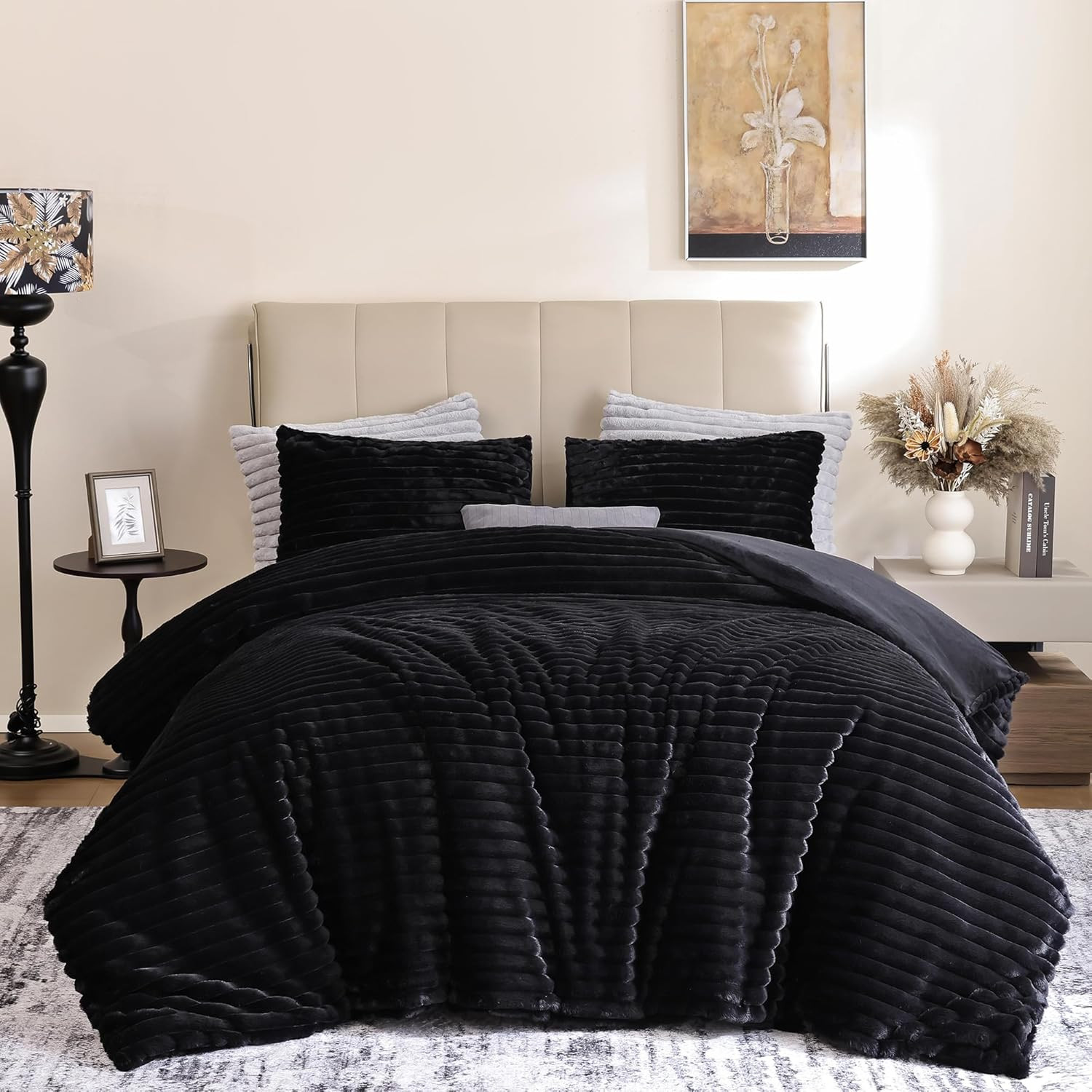 Black Comforter Queen Set – Ultra Soft Plush Fleece Black Bed Set, Fluffy Warm L