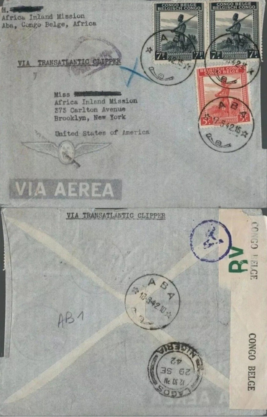 1942 WWII Congo Airmail Cover Aba to New York via Lagos Nigeria Pan Am