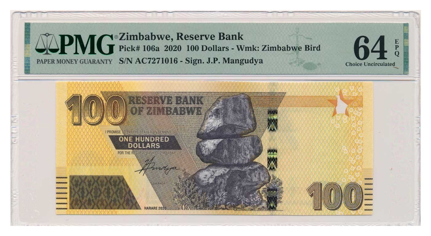 ZIMBABWE banknote 100 Dollars 2020 PMG MS 64 EPQ Choice Uncirculated