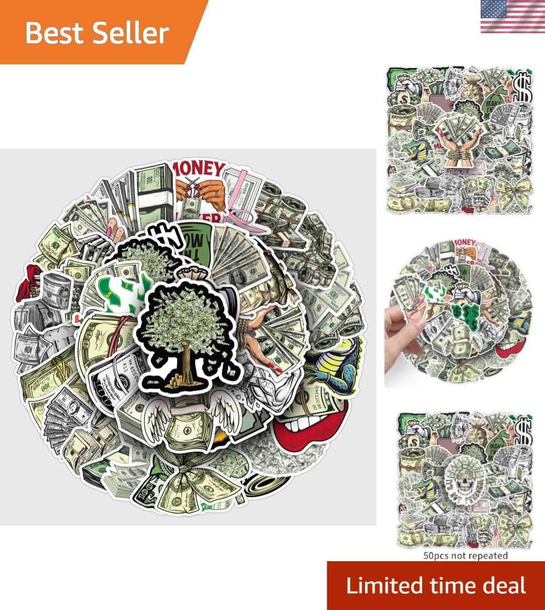 50 Unique Cartoon Dollar Stickers - High-Quality, Waterproof & Reusable Fun