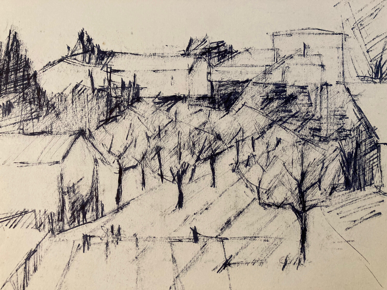 Beautiful Drawing Charcoal Village Cubist Post Paper 1960 Provence Home Art