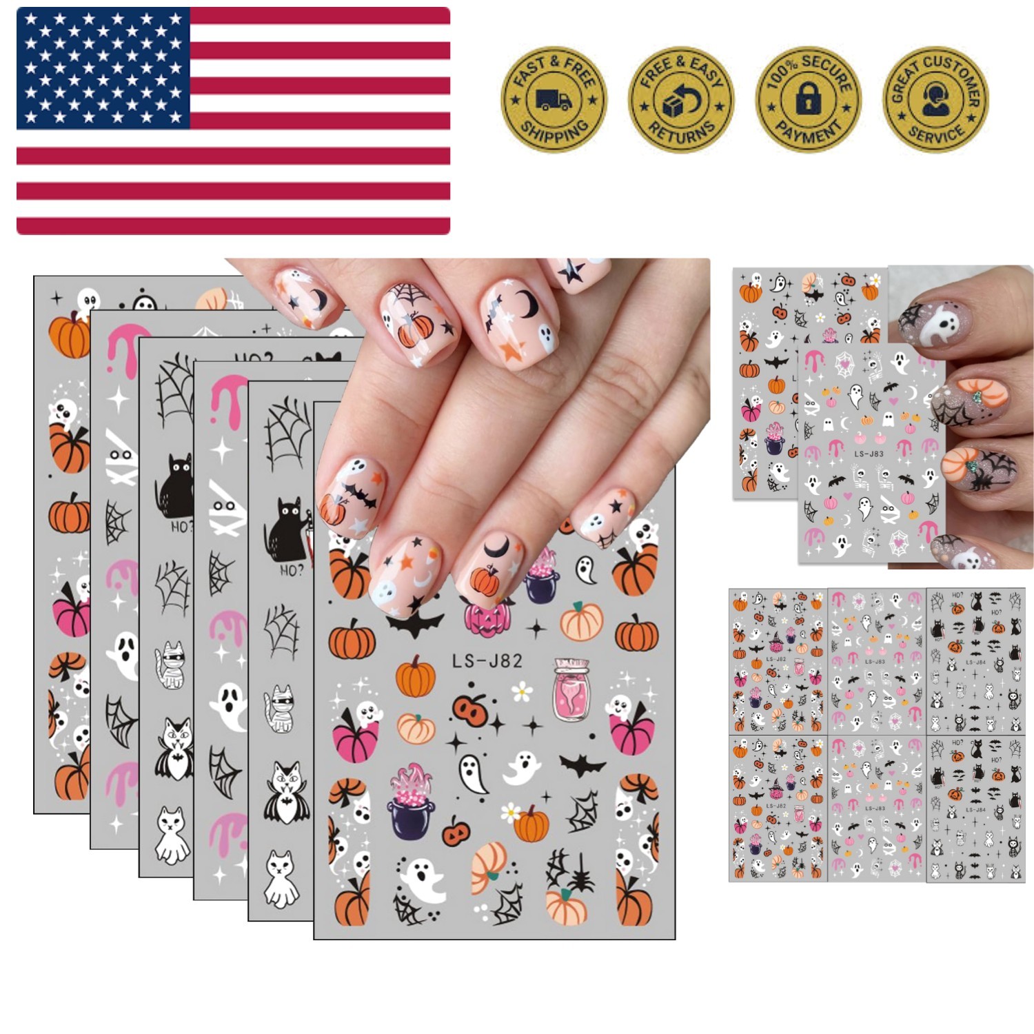 Halloween Nail Art Stickers Cute Ghost Pumpkin 3D Self-Adhesive Nail Decals B...