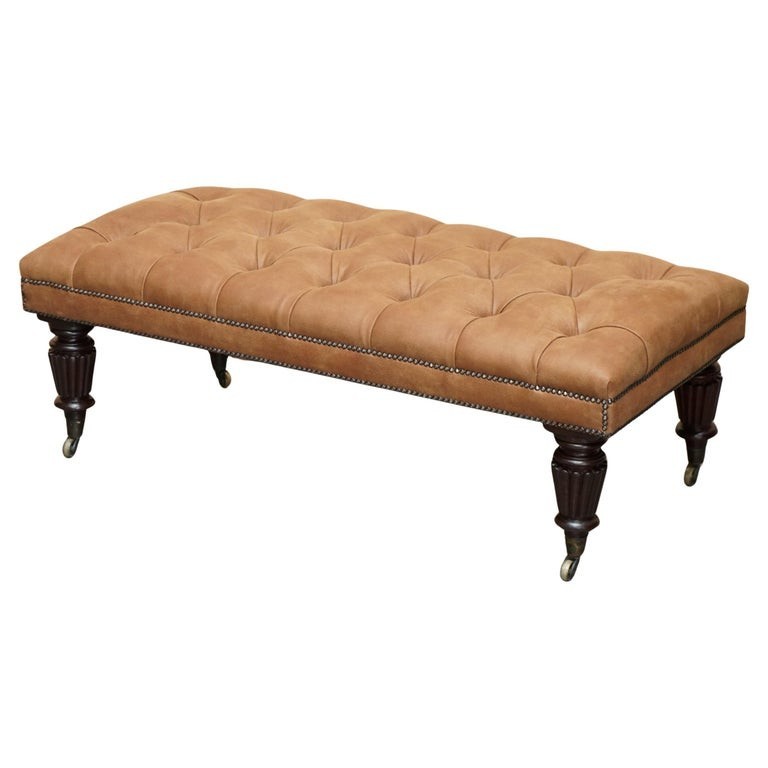 VINTAGE HAND DYED BROWN LEATHER EXTRA LARGE CHESTERFIELD TUFTED BENCH FOOTSTOOL