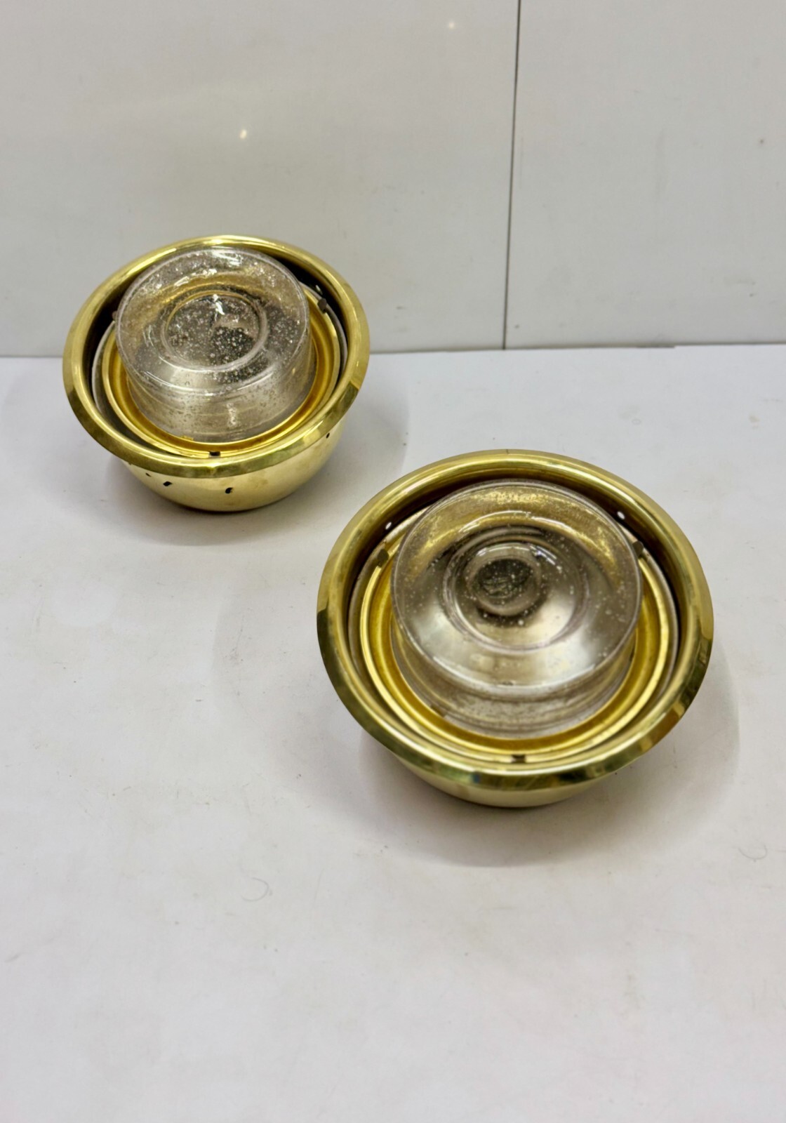 Set of 2 Brass & Murano Glass Marine Lamps Ceiling Wall Mount Nautical Decor