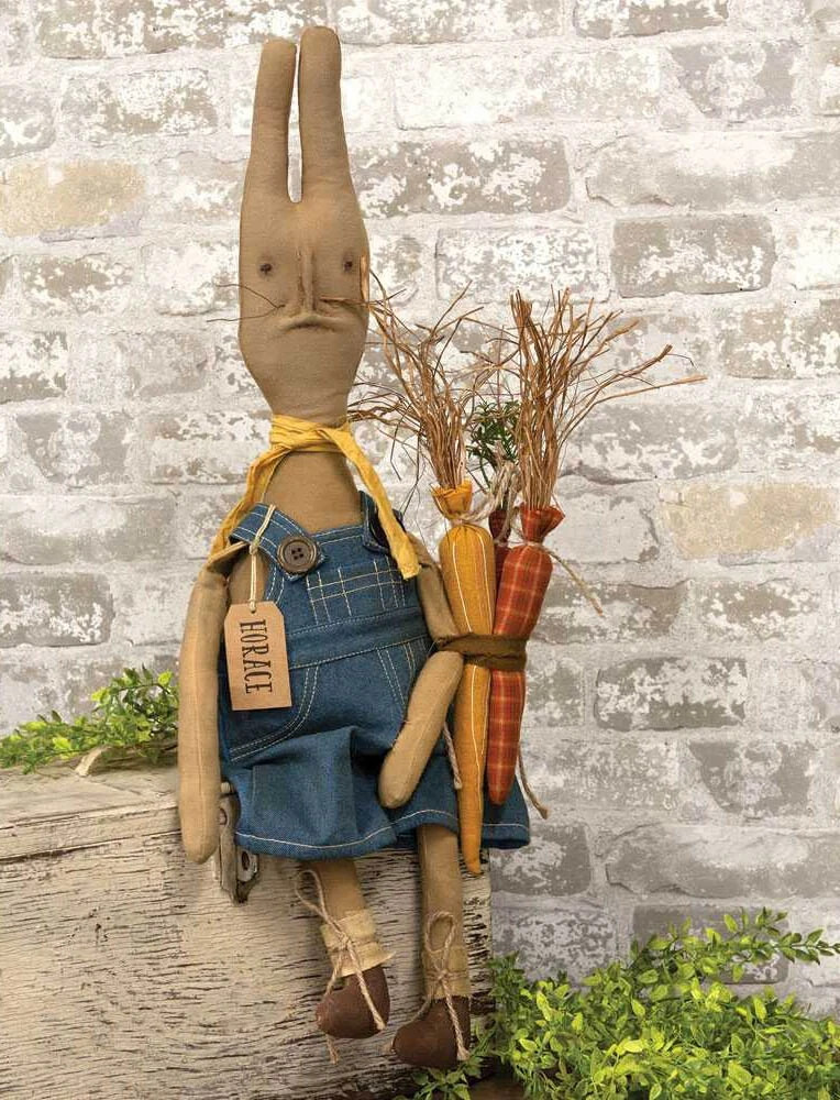 New Primitive FARMER BUNNY DOLL HOLDING CARROT DOLL Rabbit Figure