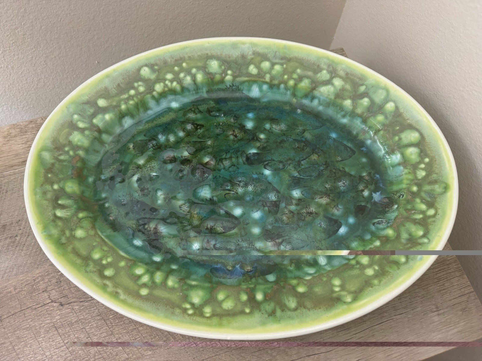 Fish Platter Pottery Oval Green Plate 18.5” Glazed Amoeba Pattern