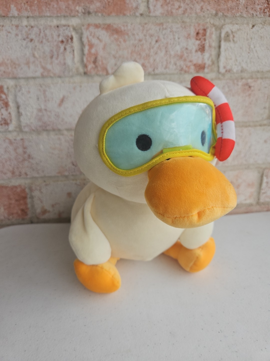 Miniso Duck Plush Scuba Mask Gear 12" Yellow Laying Bird Swimming Squishy Soft 