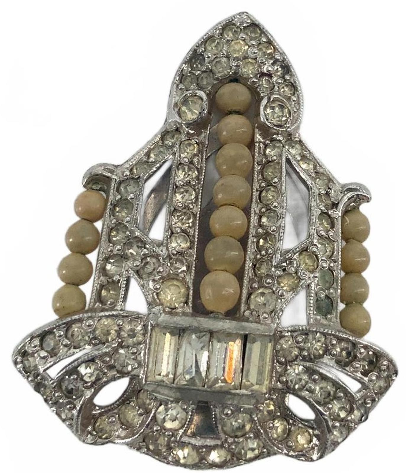 Vintage Art Deco Silver Tone Rhinestone Glass Bead Geometric Dress Fur Clip