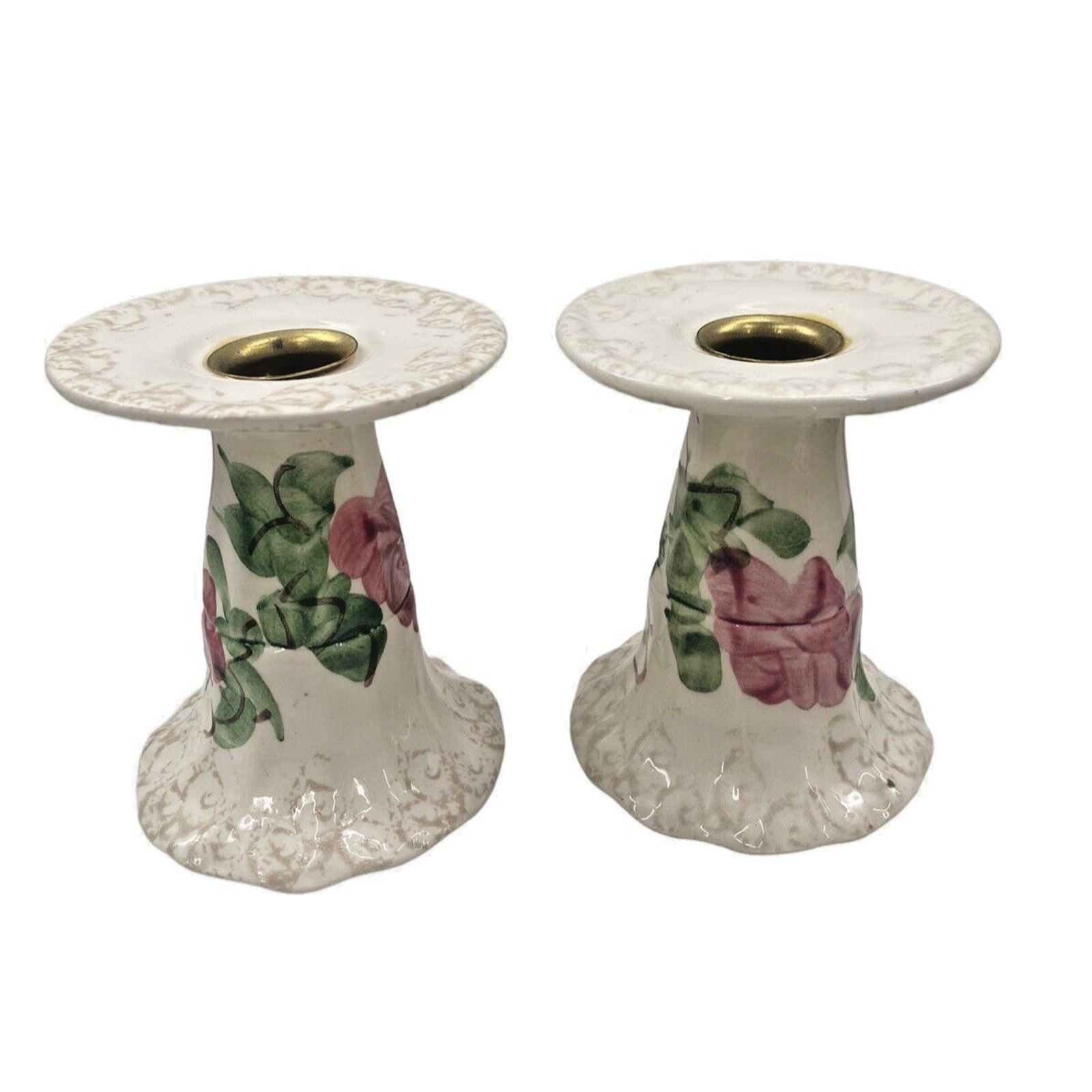 Set of 2 White and Pink Green Floral Candle Holders Ceramic 4.5" Tall