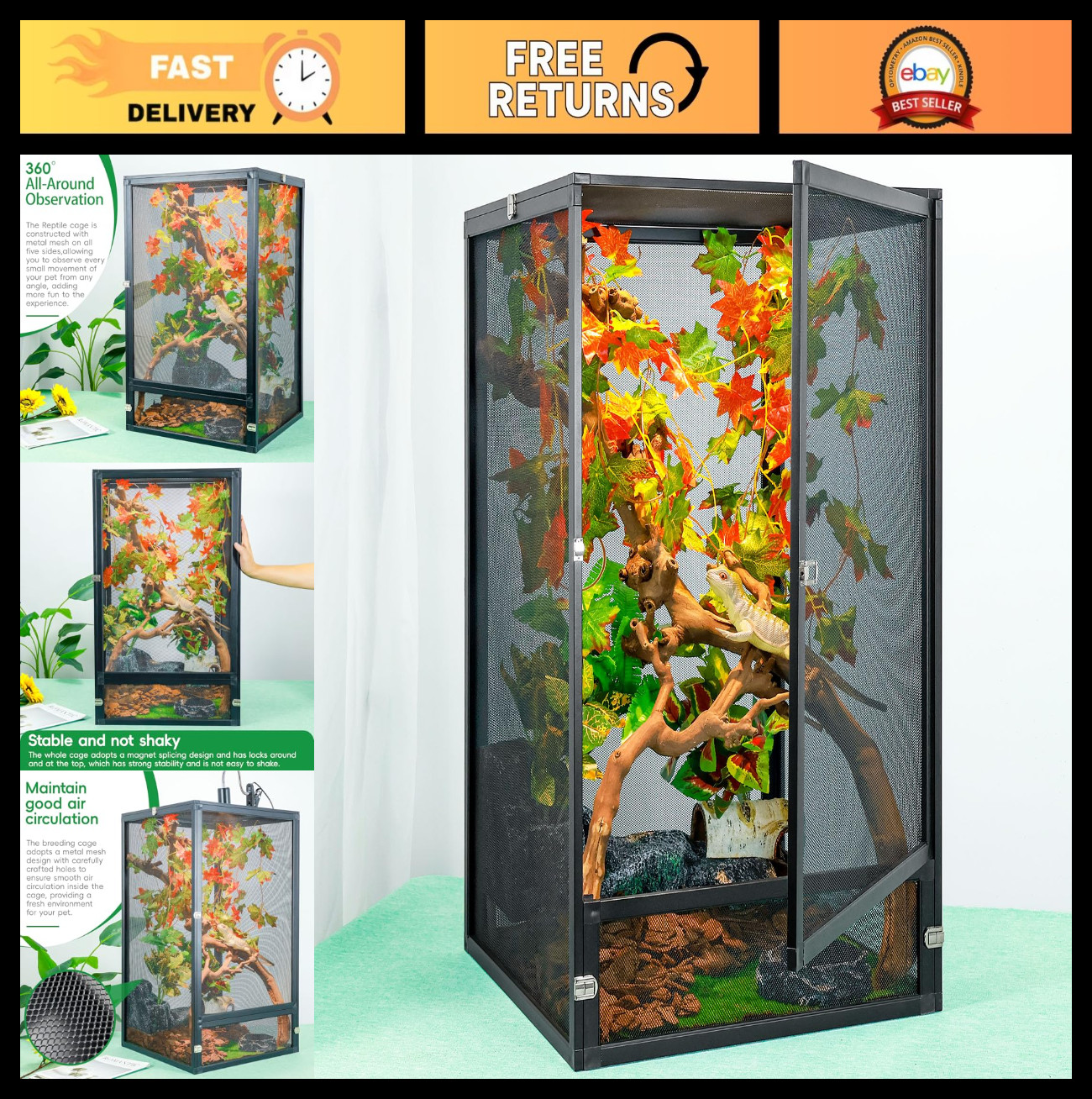 45 Gal Foldable Reptile Terrarium Cage - 360° View, Airflow, Ideal for Geckos &
