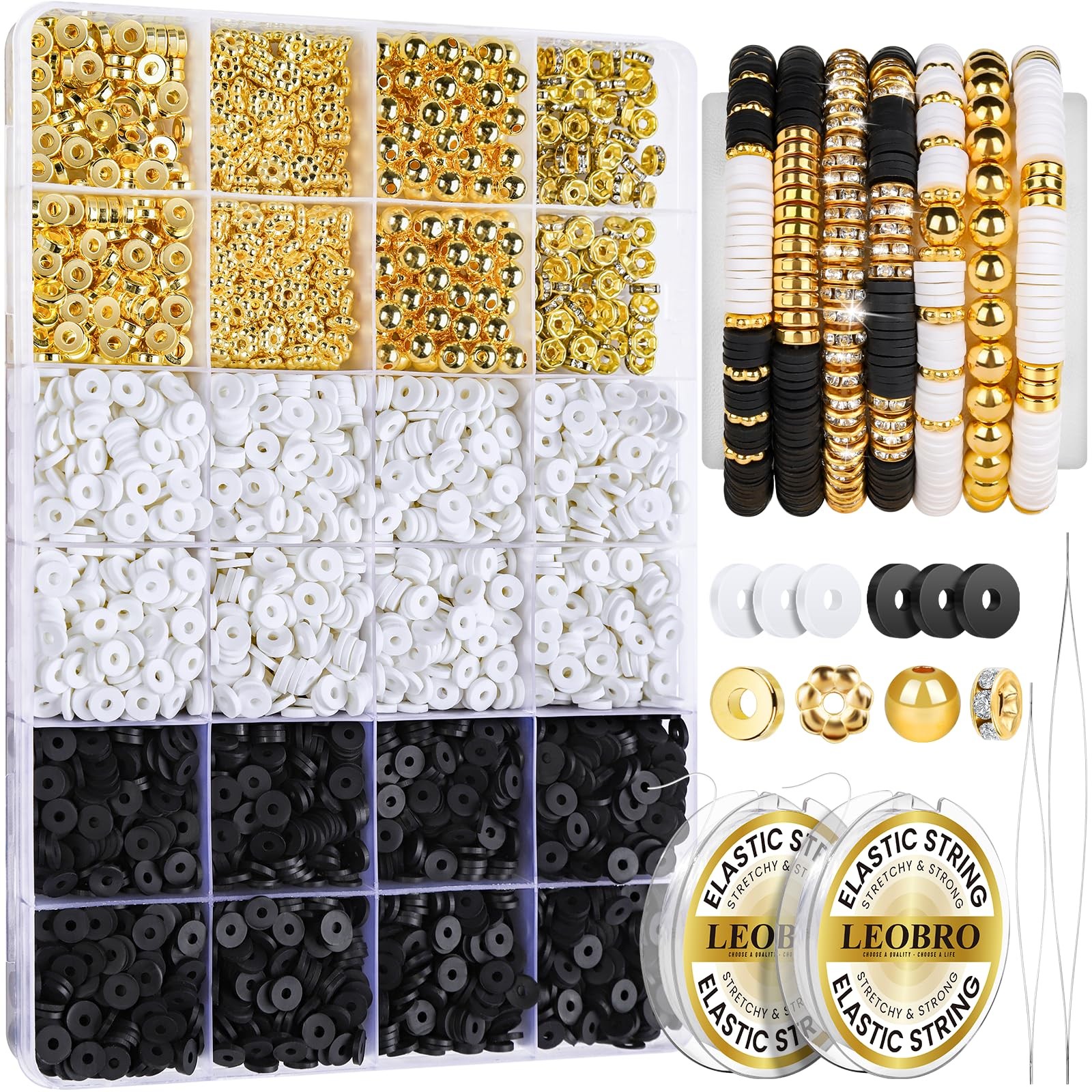 LEOBRO Clay Beads Bracelet Making Kit, 3524pcs Small, Black & White & Gold 