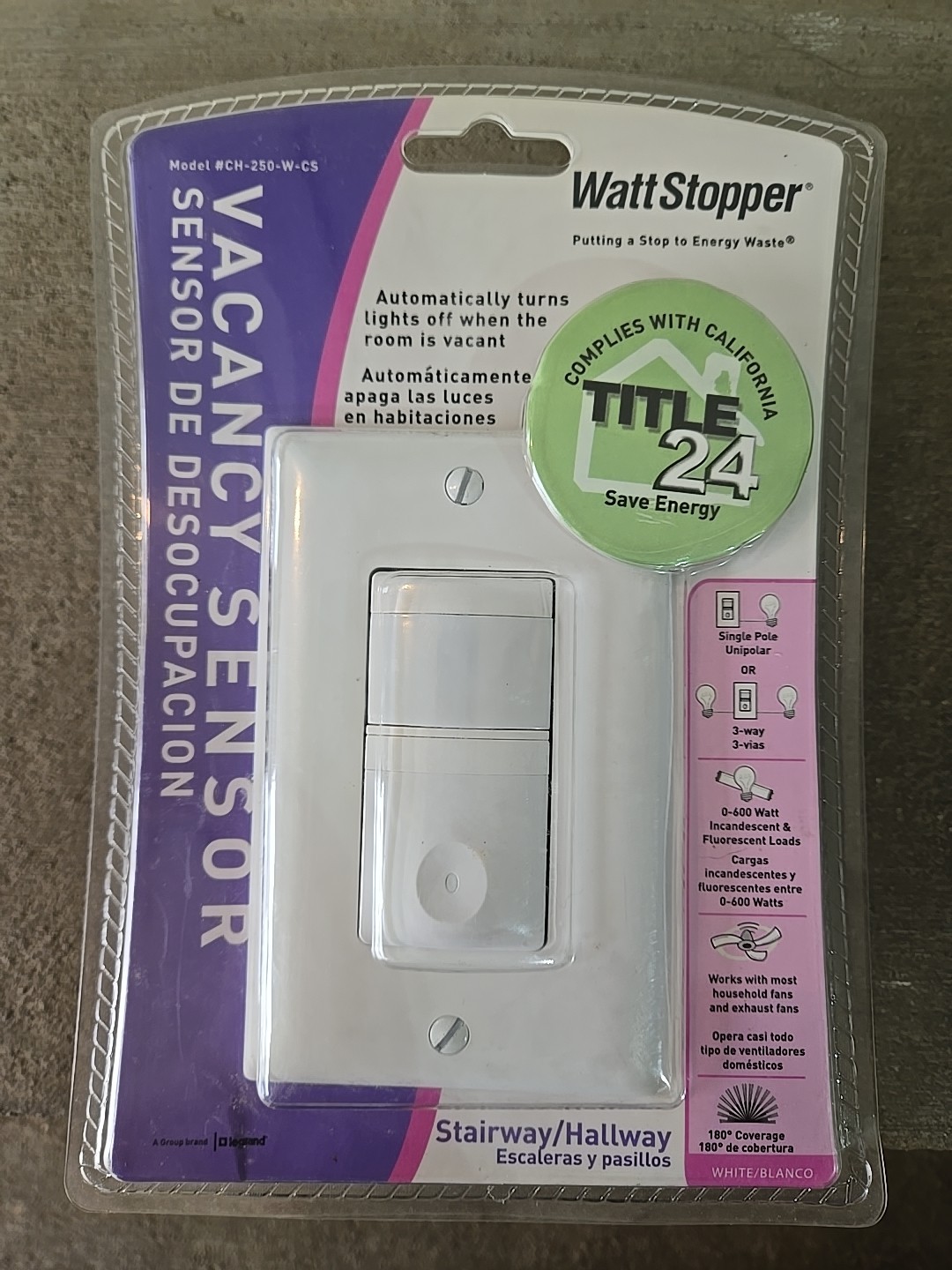 Wattstopper Vacancy Sensor CH-250-W-CS, Auto Lights Off, 0-600w, Wall Switch