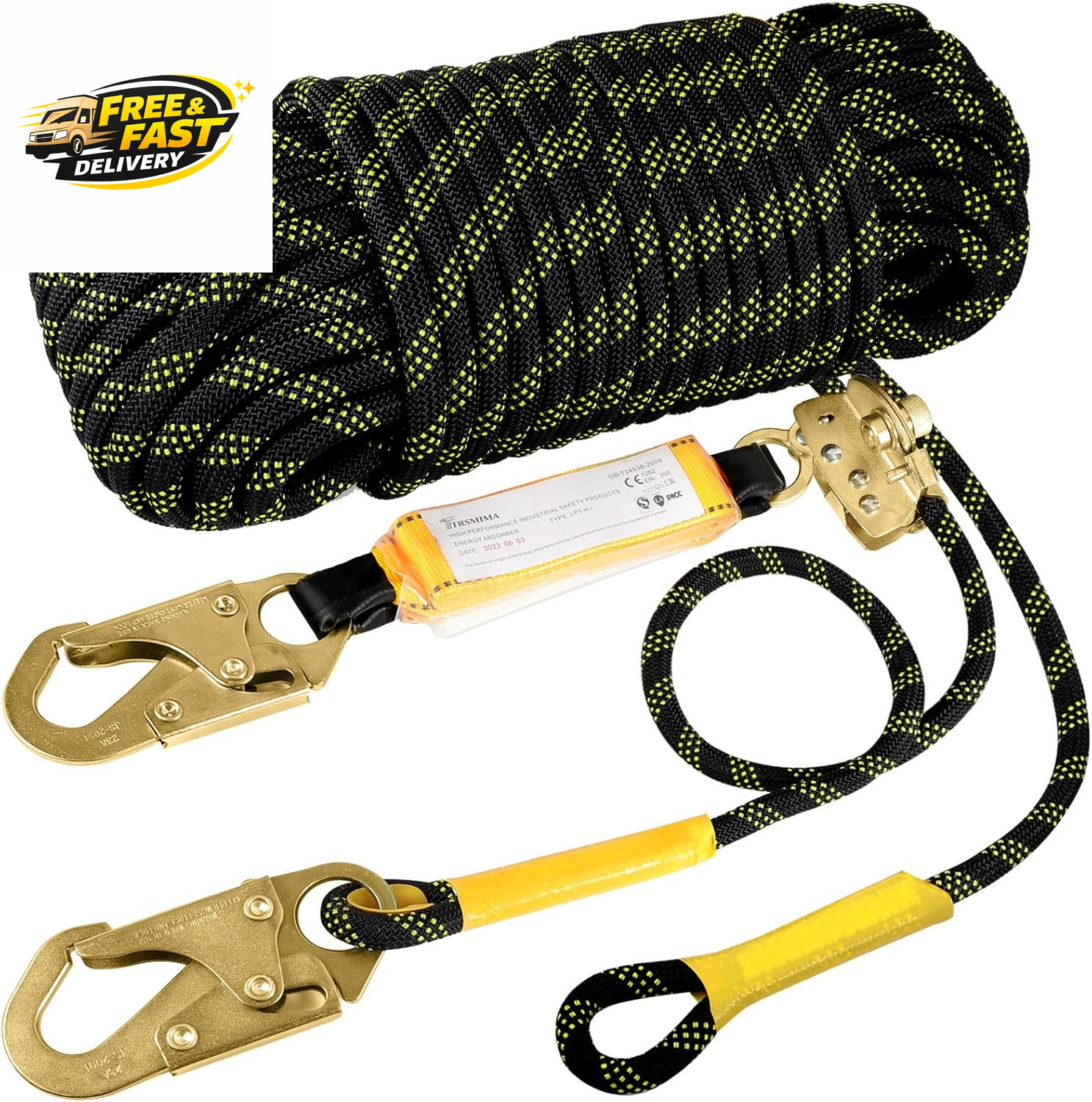 Rope Harness Safety Lanyard：50Ft Vertical Roofing Rope with Grab Snap 