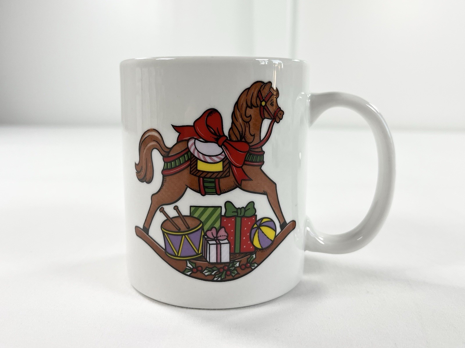 Vintage 1980s Christmas Holiday Rocking Horse Toys Retro Collectible Coffee Mug